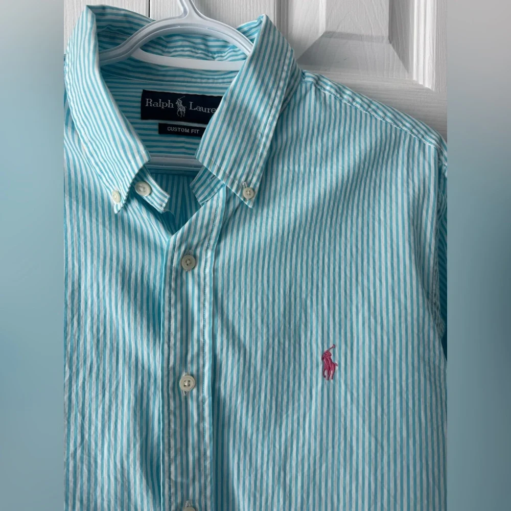 Polo Ralph Lauren Teal White Striped Button Down Dress Shirt L Pink Pony Florida